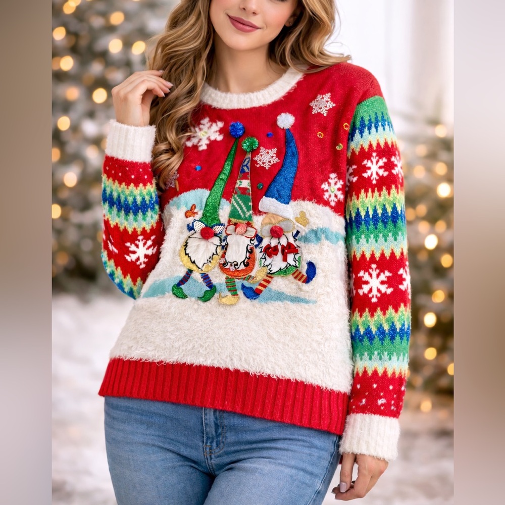 ✨ Christmas Gnome Red Festive Holiday Sweater Cozy Winter Knit Women S‎ ✨